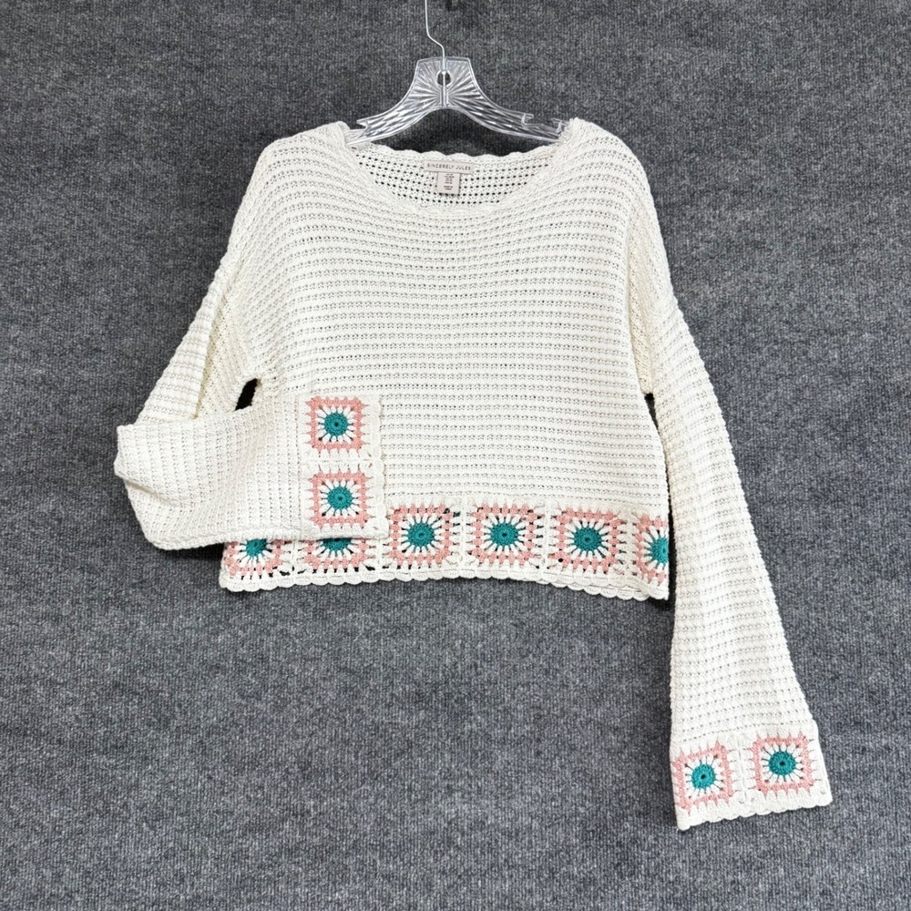 Sincerely Jules Crochet Granny Square Trim Cropped Sweater Sz Medium